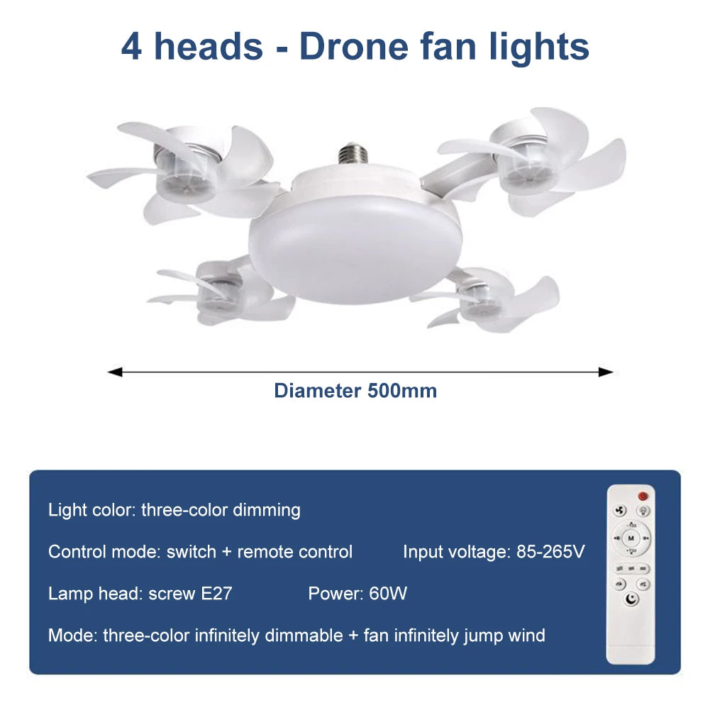2 In 1 Hanging Fan with LED Light E27 Universal Dimming Drone Fan Silent Ceiling Drone Fan for Dining Room Bedroom Living Room
